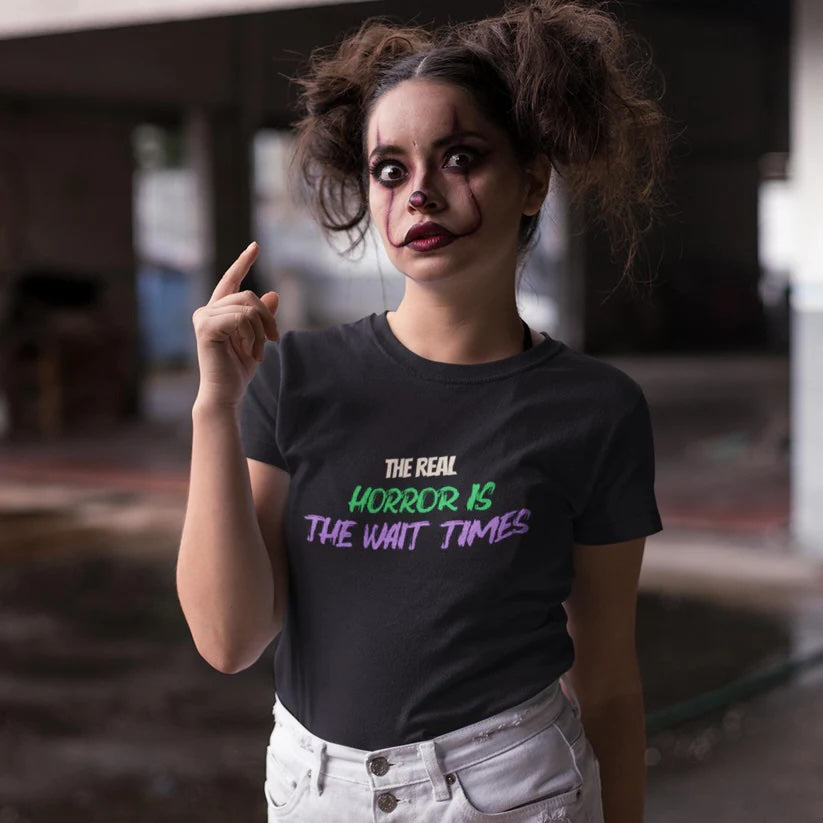 The Real Horror Is the Wait Times – Funny Halloween Theme Park T-Shirt
