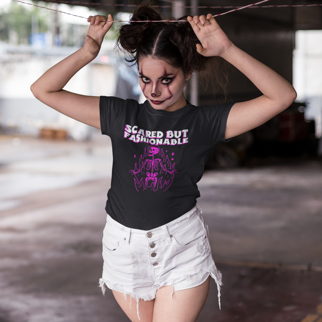 Scared But Fashionable – Hot Pink Skeleton Flames Tee