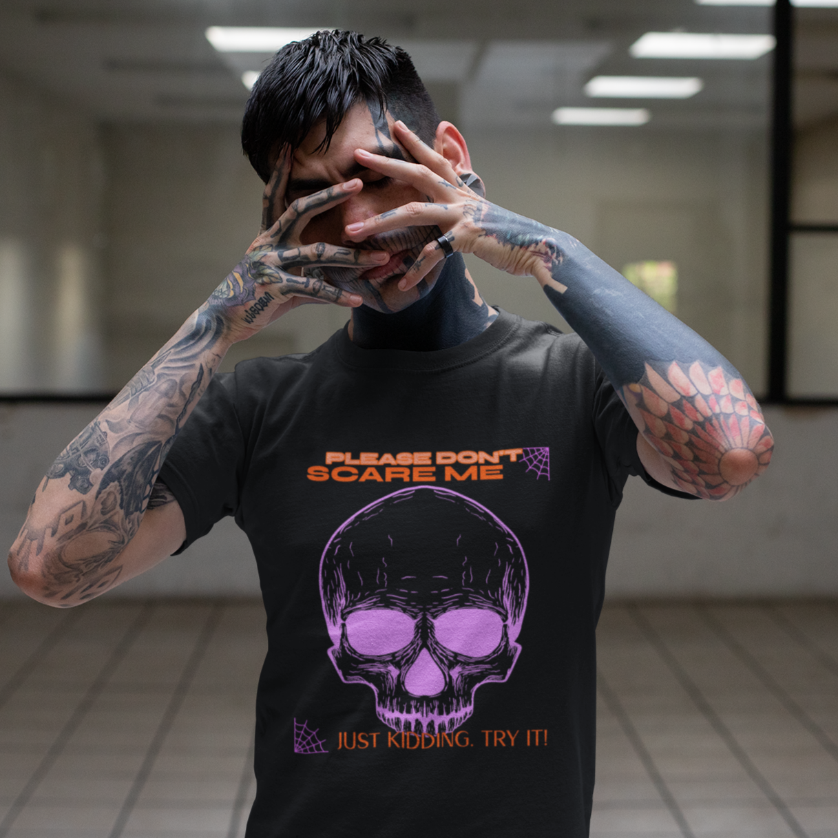 Please Don’t Scare Me... Just Kidding, Try It – Playful Skull & Spiders Tee